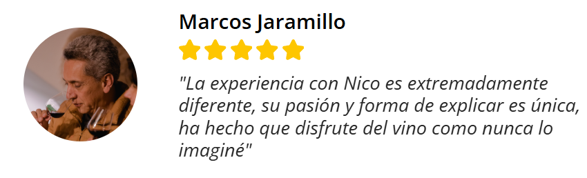 Testimonio de Marcos Jaramillo: La experiencia con Nico es extremadamente diferente, su pasión y forma de explicar es única, ha hecho que disfrute del vino como nunca lo imaginé
